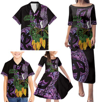 Purple New Zealand Kowhai And Piwakawaka Family Matching Puletasi and Hawaiian Shirt Maori Ngaru Paua Shell