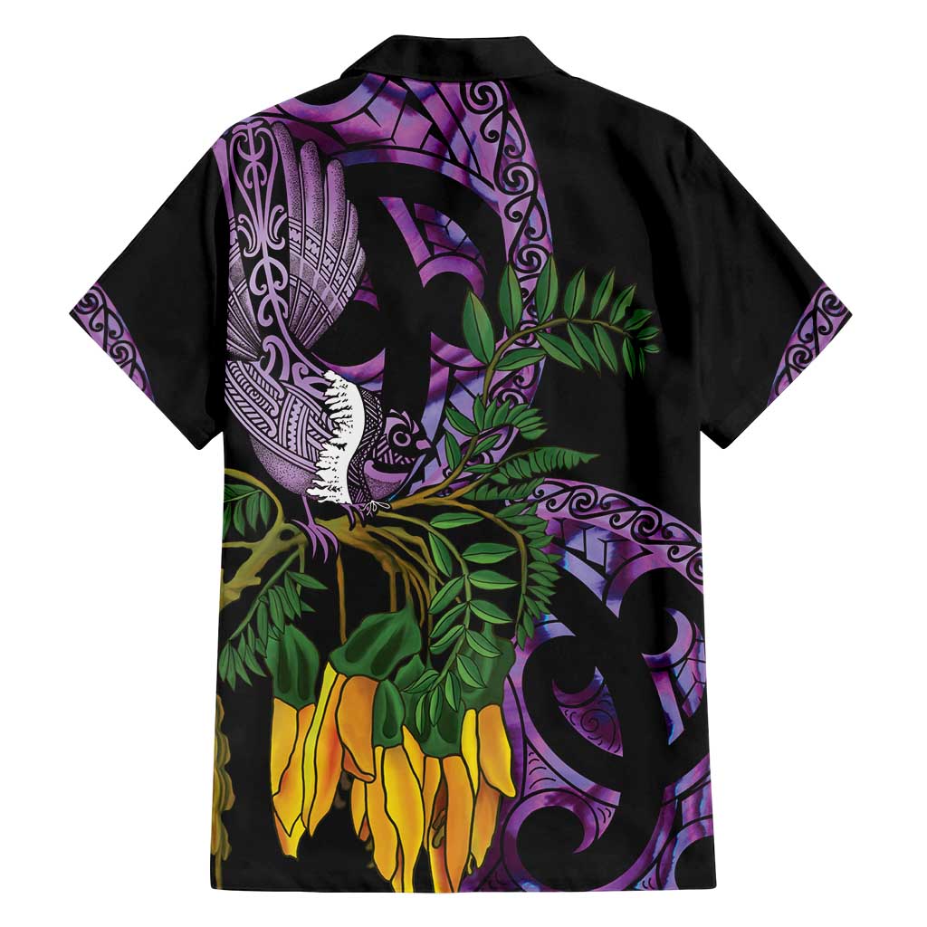 Purple New Zealand Kowhai And Piwakawaka Family Matching Puletasi and Hawaiian Shirt Maori Ngaru Paua Shell