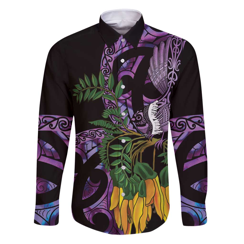 Purple New Zealand Kowhai And Piwakawaka Family Matching Puletasi and Hawaiian Shirt Maori Ngaru Paua Shell
