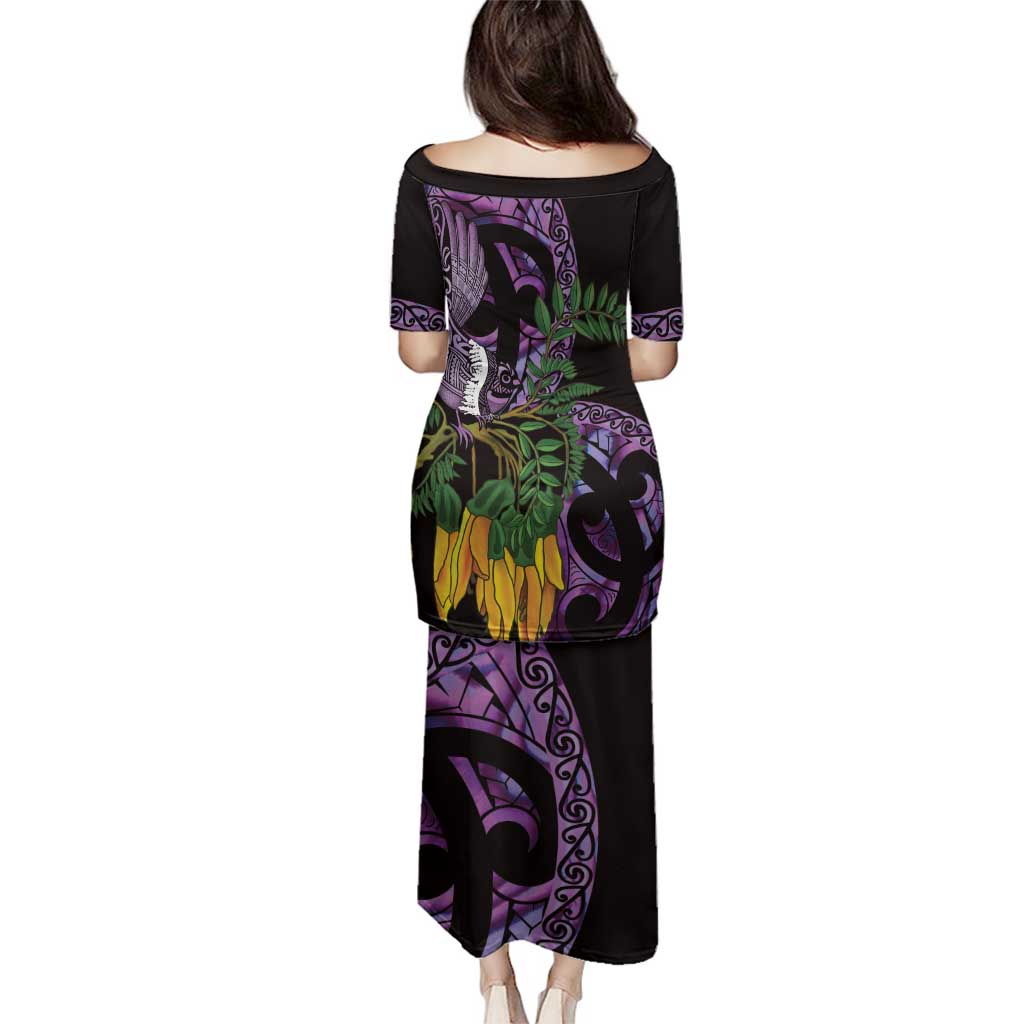 Purple New Zealand Kowhai And Piwakawaka Family Matching Puletasi and Hawaiian Shirt Maori Ngaru Paua Shell