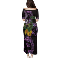 Purple New Zealand Kowhai And Piwakawaka Family Matching Puletasi and Hawaiian Shirt Maori Ngaru Paua Shell