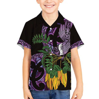 Purple New Zealand Kowhai And Piwakawaka Family Matching Puletasi and Hawaiian Shirt Maori Ngaru Paua Shell