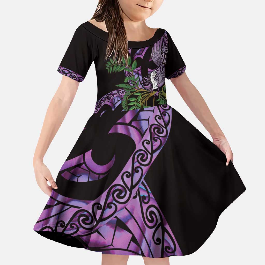 Purple New Zealand Kowhai And Piwakawaka Family Matching Short Sleeve Bodycon Dress and Hawaiian Shirt Maori Ngaru Paua Shell