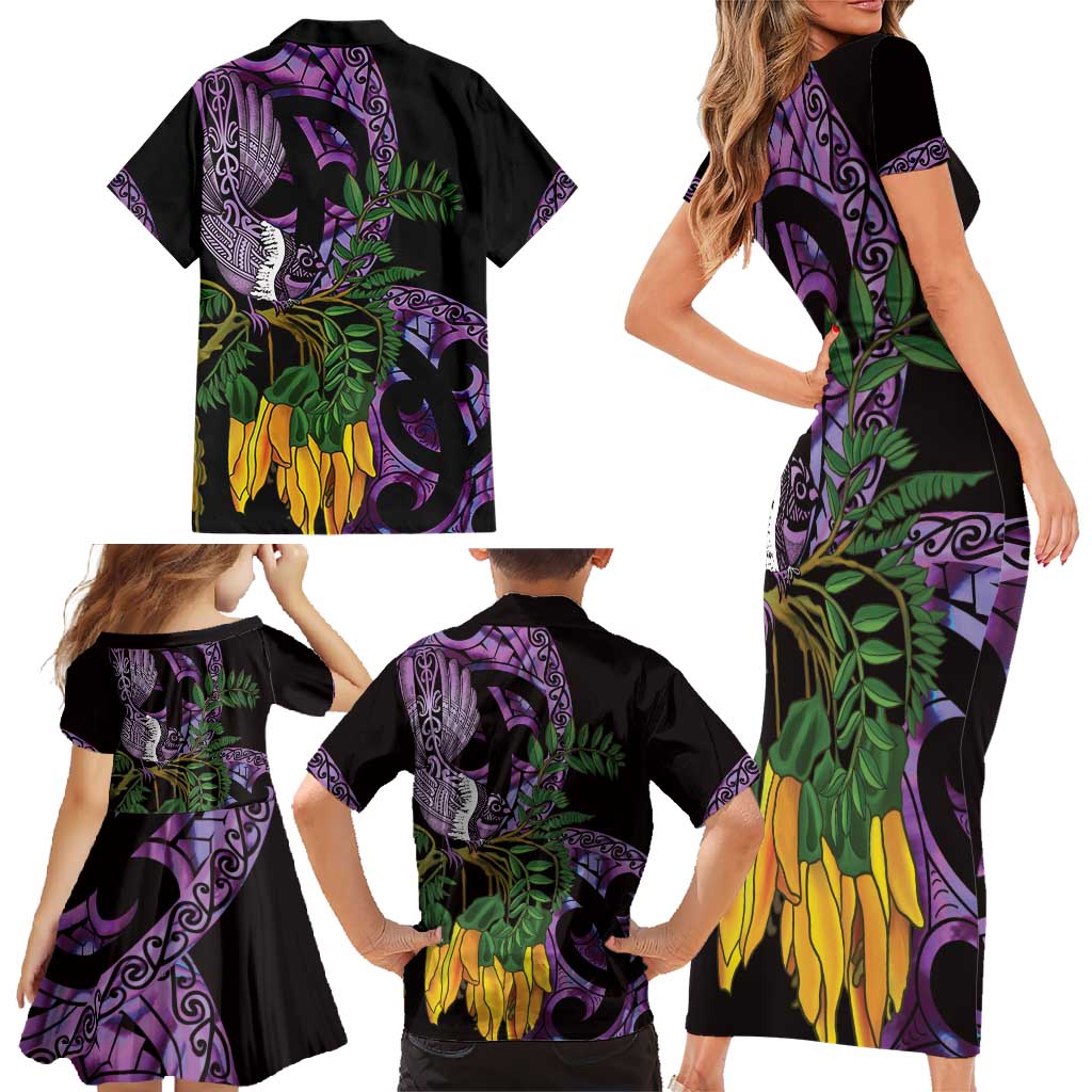 Purple New Zealand Kowhai And Piwakawaka Family Matching Short Sleeve Bodycon Dress and Hawaiian Shirt Maori Ngaru Paua Shell