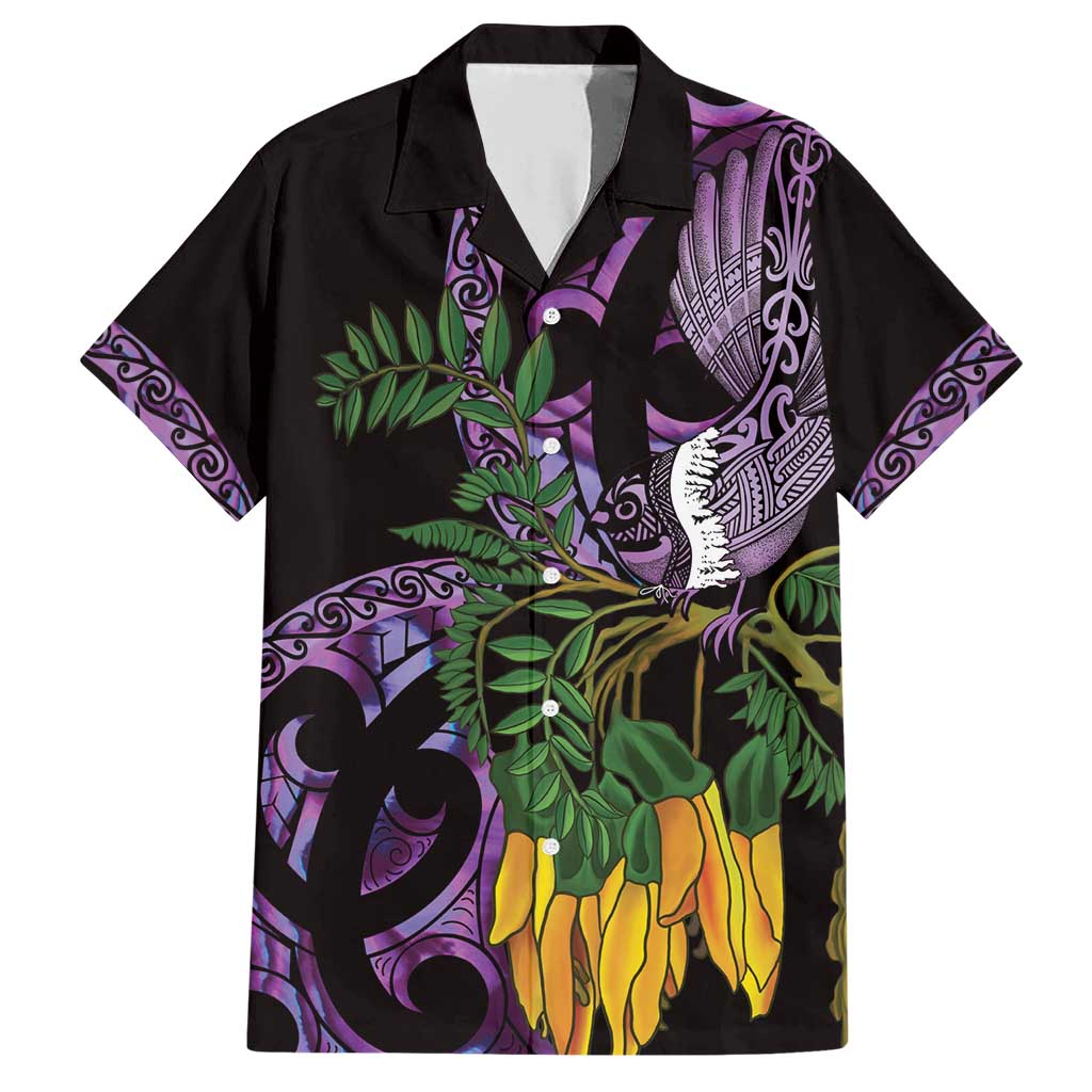 Purple New Zealand Kowhai And Piwakawaka Family Matching Short Sleeve Bodycon Dress and Hawaiian Shirt Maori Ngaru Paua Shell