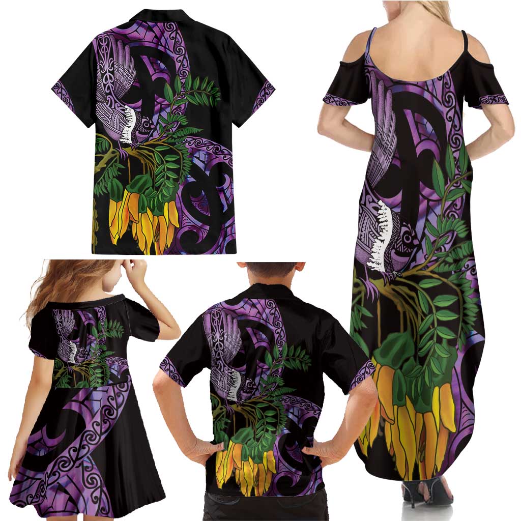 Purple New Zealand Kowhai And Piwakawaka Family Matching Summer Maxi Dress and Hawaiian Shirt Maori Ngaru Paua Shell