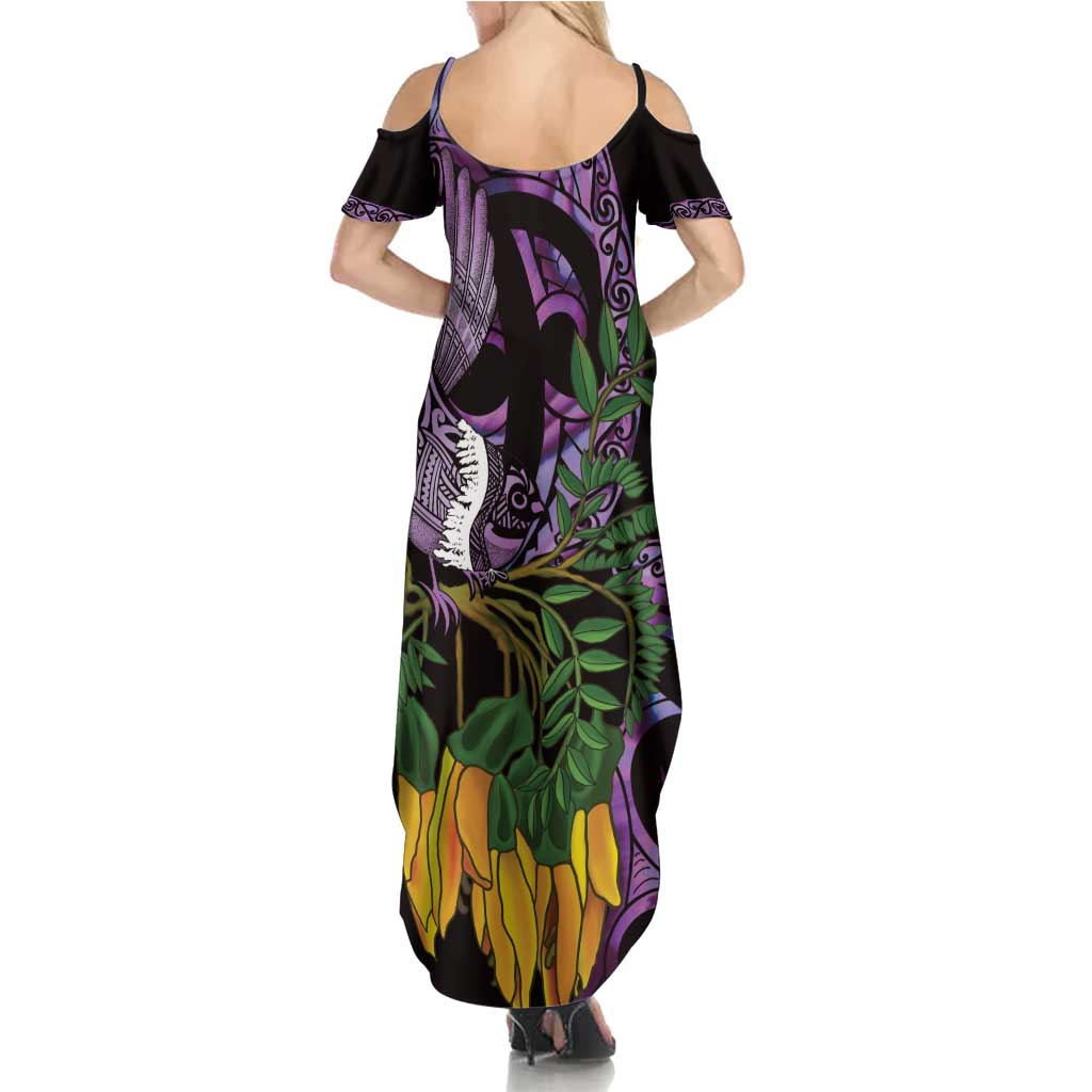 Purple New Zealand Kowhai And Piwakawaka Family Matching Summer Maxi Dress and Hawaiian Shirt Maori Ngaru Paua Shell