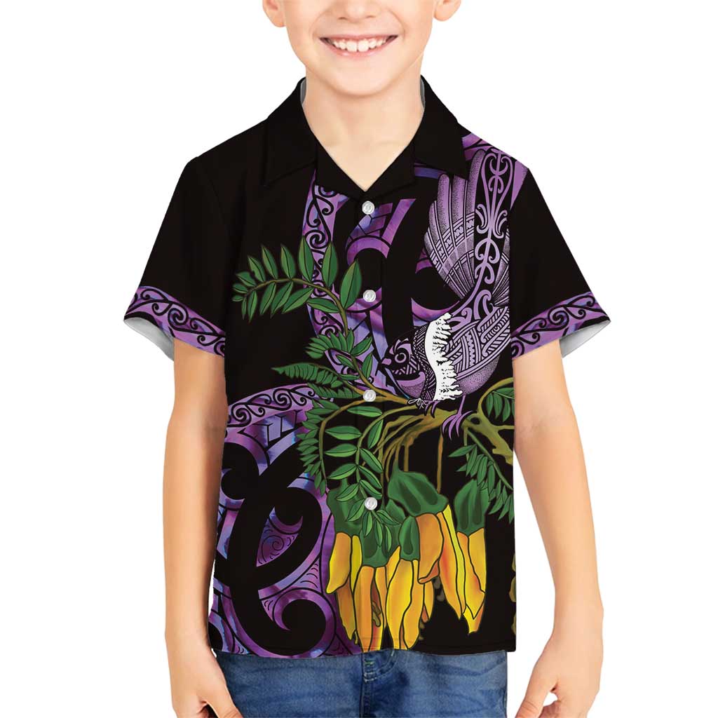 Purple New Zealand Kowhai And Piwakawaka Family Matching Summer Maxi Dress and Hawaiian Shirt Maori Ngaru Paua Shell