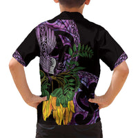 Purple New Zealand Kowhai And Piwakawaka Family Matching Tank Maxi Dress and Hawaiian Shirt Maori Ngaru Paua Shell