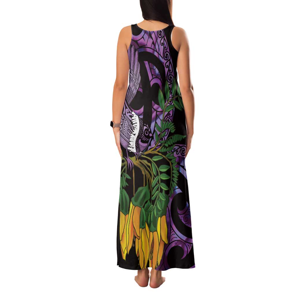 Purple New Zealand Kowhai And Piwakawaka Family Matching Tank Maxi Dress and Hawaiian Shirt Maori Ngaru Paua Shell