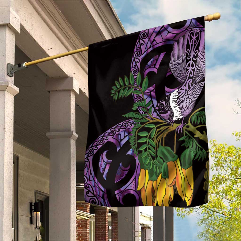 Purple New Zealand Kowhai And Piwakawaka Garden Flag Maori Ngaru Paua Shell