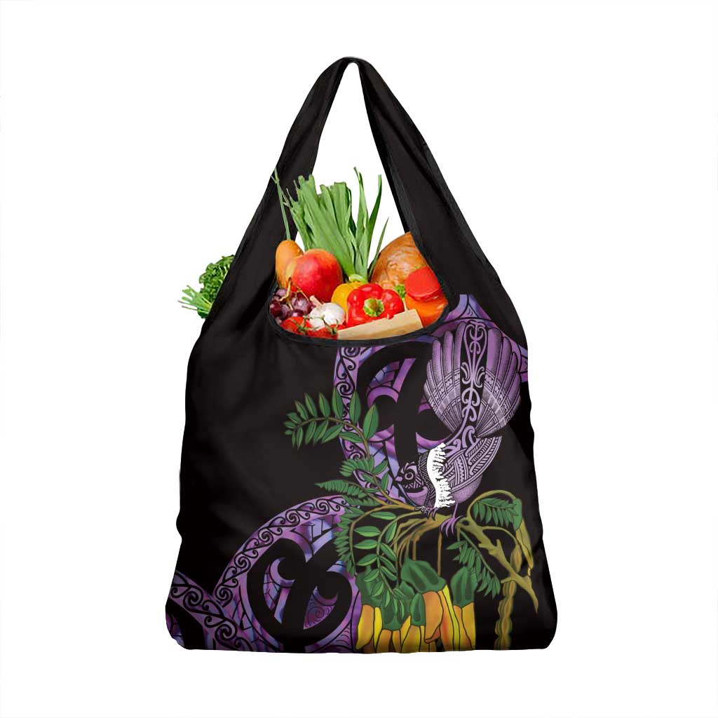 Purple New Zealand Kowhai And Piwakawaka Grocery Bag Maori Ngaru Paua Shell