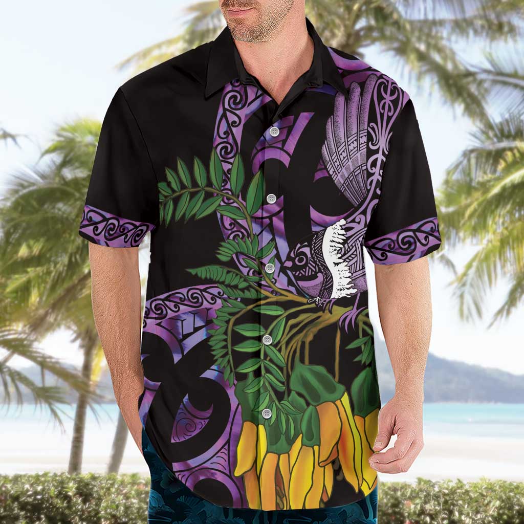 Purple New Zealand Kowhai And Piwakawaka Hawaiian Shirt Maori Ngaru Paua Shell