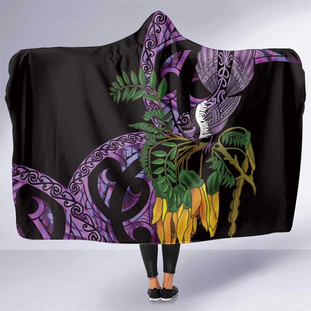Purple New Zealand Kowhai And Piwakawaka Hooded Blanket Maori Ngaru Paua Shell