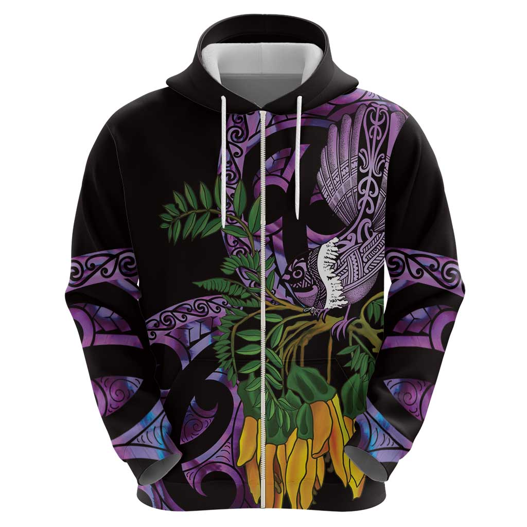 Purple New Zealand Kowhai And Piwakawaka Hoodie Maori Ngaru Paua Shell
