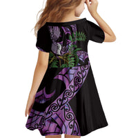 Purple New Zealand Kowhai And Piwakawaka Kid Short Sleeve Dress Maori Ngaru Paua Shell