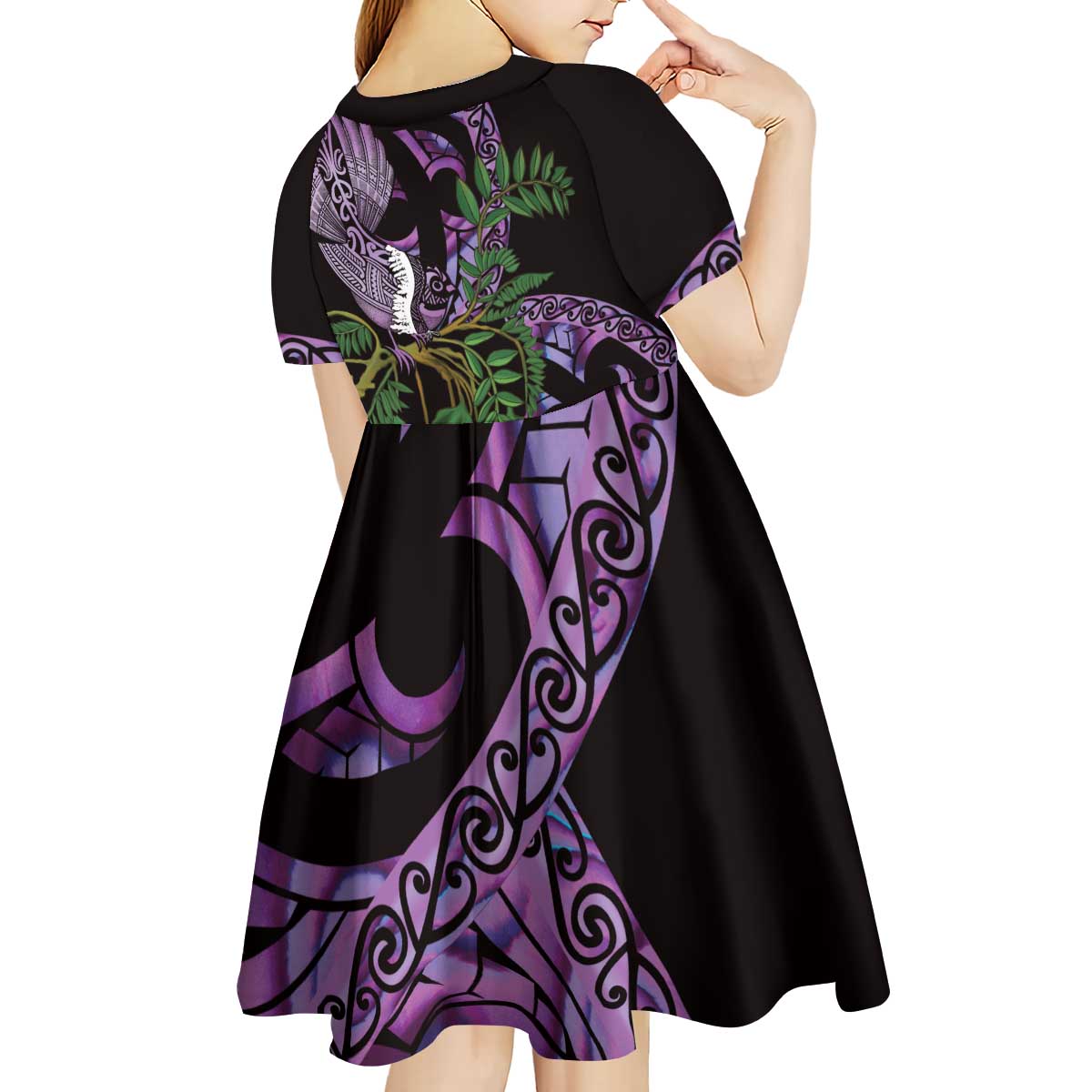 Purple New Zealand Kowhai And Piwakawaka Kid Short Sleeve Dress Maori Ngaru Paua Shell