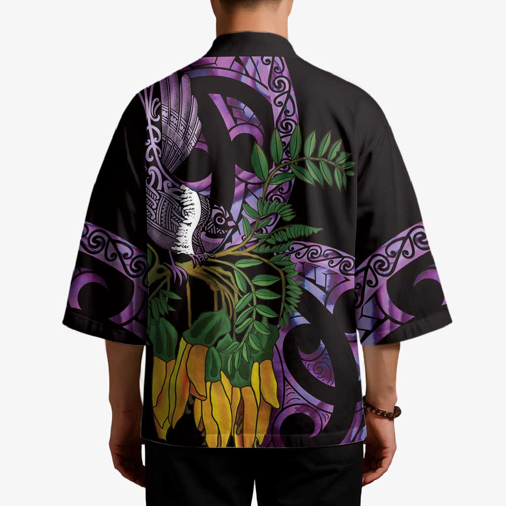 Purple New Zealand Kowhai And Piwakawaka Kimono Maori Ngaru Paua Shell - Polynesian Pride