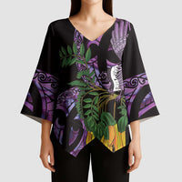 Purple New Zealand Kowhai And Piwakawaka Kimono Sleeve Blouse Maori Ngaru Paua Shell - Polynesian Pride
