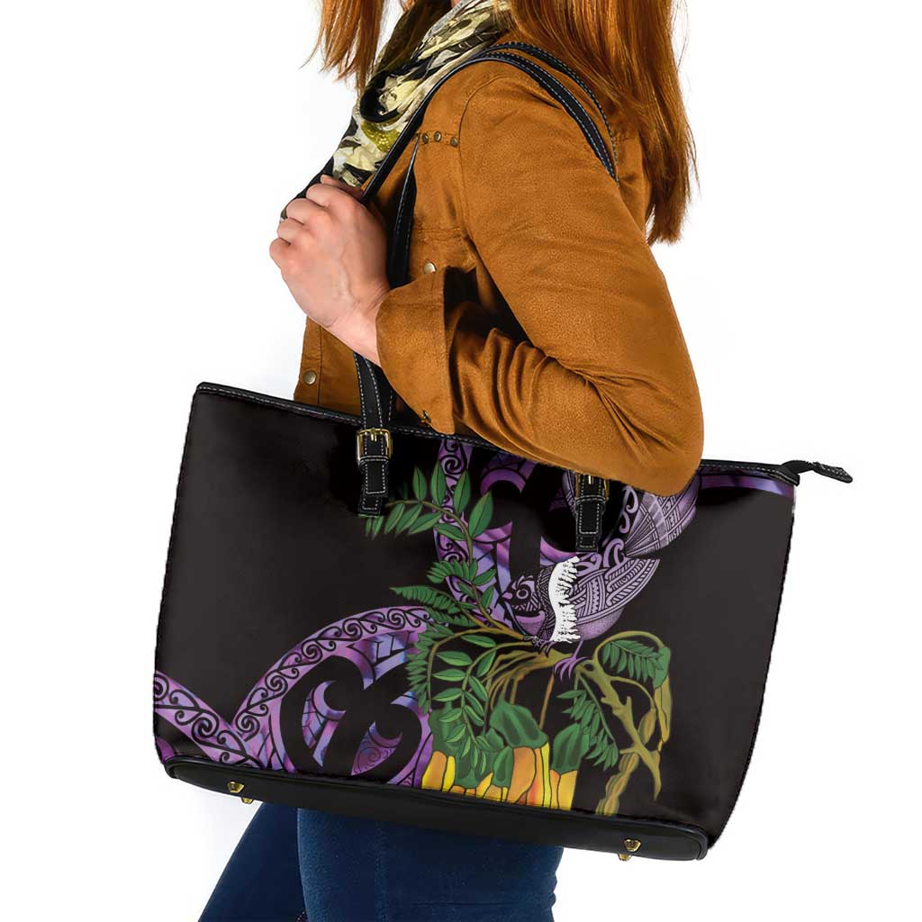 Purple New Zealand Kowhai And Piwakawaka Leather Tote Bag Maori Ngaru Paua Shell