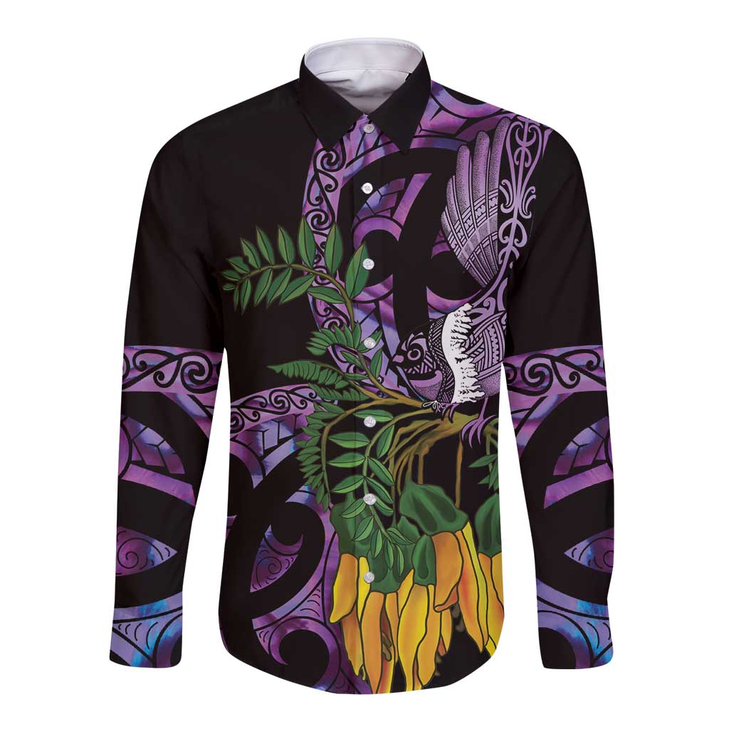 Purple New Zealand Kowhai And Piwakawaka Long Sleeve Button Shirt Maori Ngaru Paua Shell