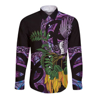 Purple New Zealand Kowhai And Piwakawaka Long Sleeve Button Shirt Maori Ngaru Paua Shell
