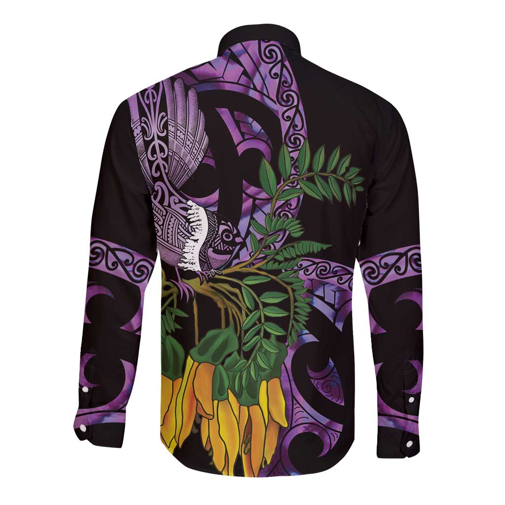 Purple New Zealand Kowhai And Piwakawaka Long Sleeve Button Shirt Maori Ngaru Paua Shell