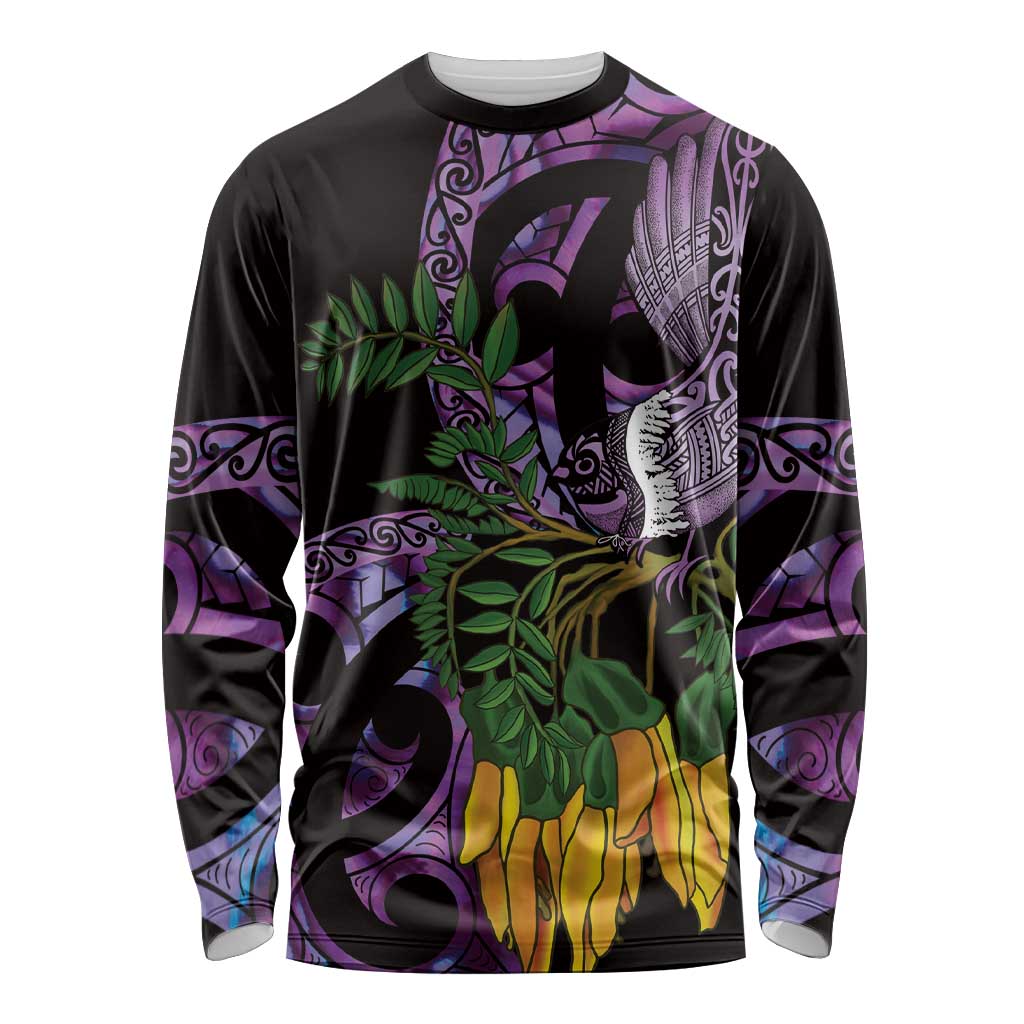 Purple New Zealand Kowhai And Piwakawaka Long Sleeve Shirt Maori Ngaru Paua Shell