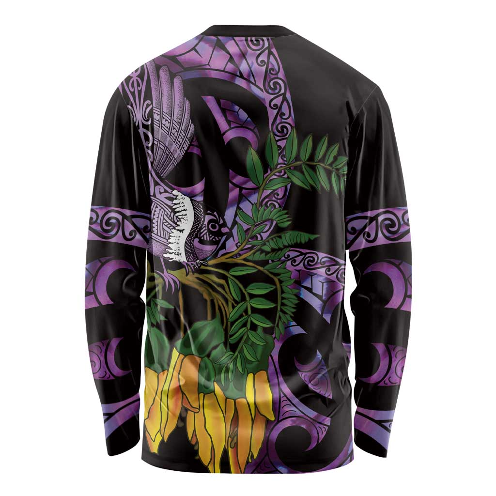 Purple New Zealand Kowhai And Piwakawaka Long Sleeve Shirt Maori Ngaru Paua Shell