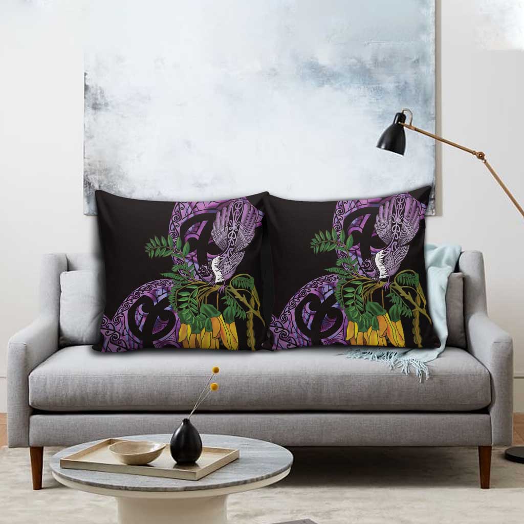 Purple New Zealand Kowhai And Piwakawaka Pillow Cover Maori Ngaru Paua Shell - Polynesian Pride