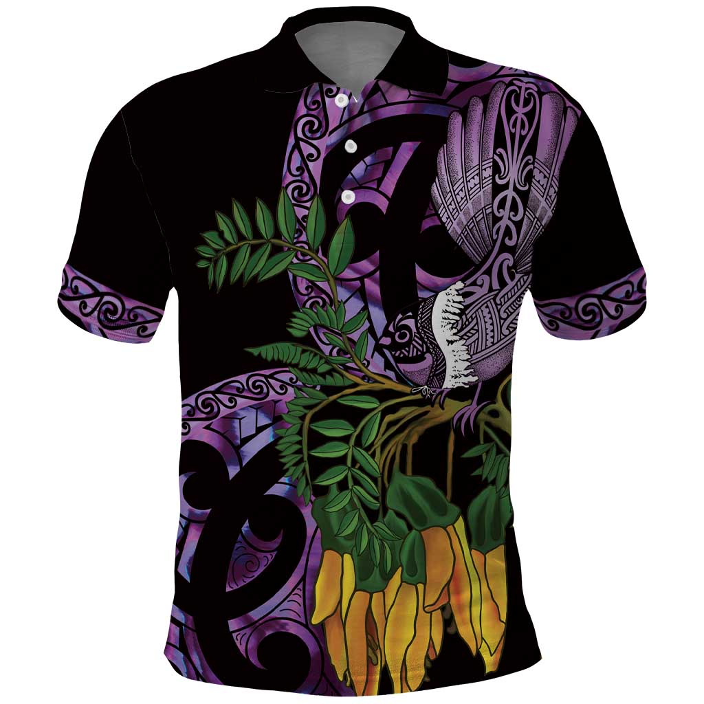 Purple New Zealand Kowhai And Piwakawaka Polo Shirt Maori Ngaru Paua Shell
