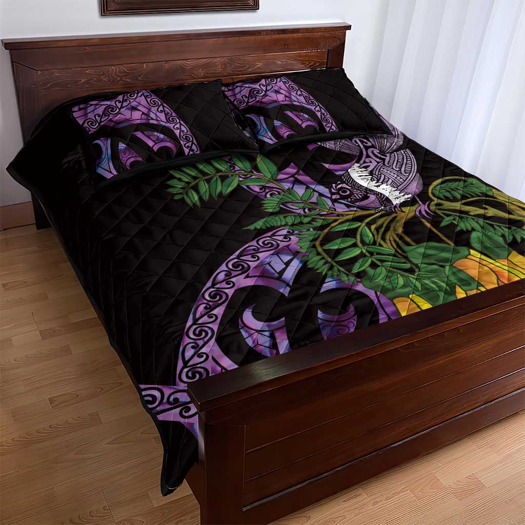 Purple New Zealand Kowhai And Piwakawaka Quilt Bed Set Maori Ngaru Paua Shell