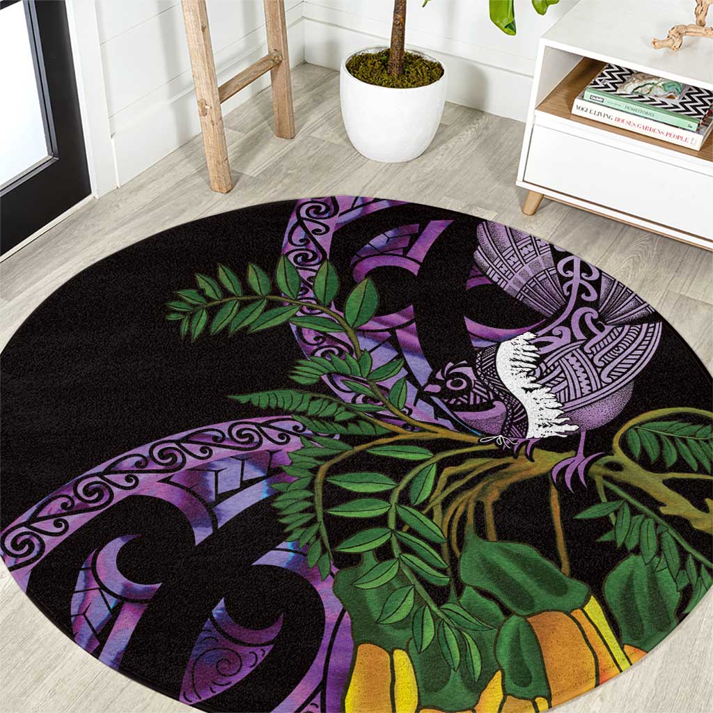 Purple New Zealand Kowhai And Piwakawaka Round Carpet Maori Ngaru Paua Shell