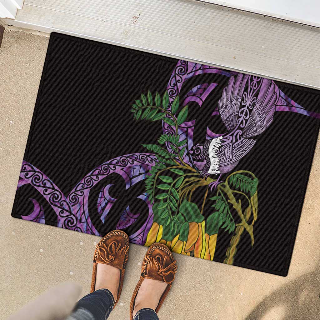 Purple New Zealand Kowhai And Piwakawaka Rubber Doormat Maori Ngaru Paua Shell