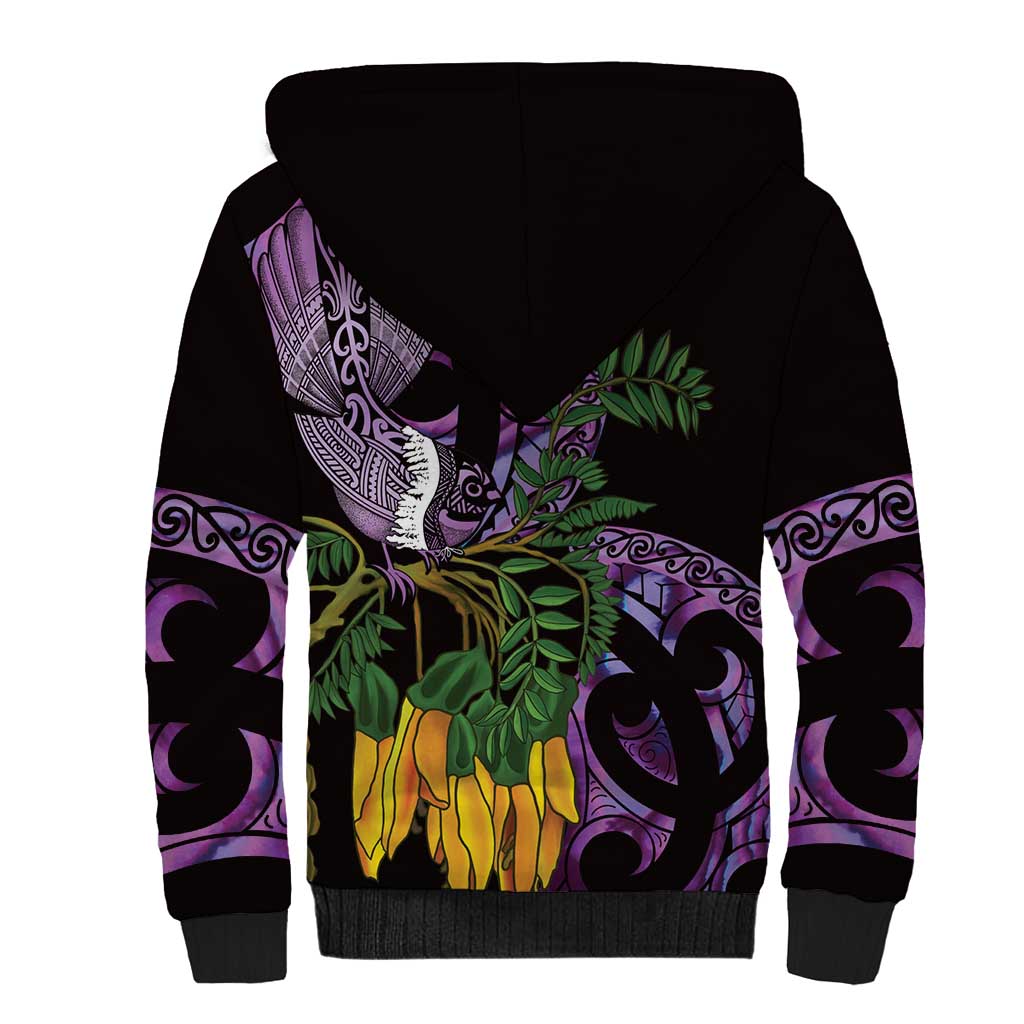 Purple New Zealand Kowhai And Piwakawaka Sherpa Hoodie Maori Ngaru Paua Shell