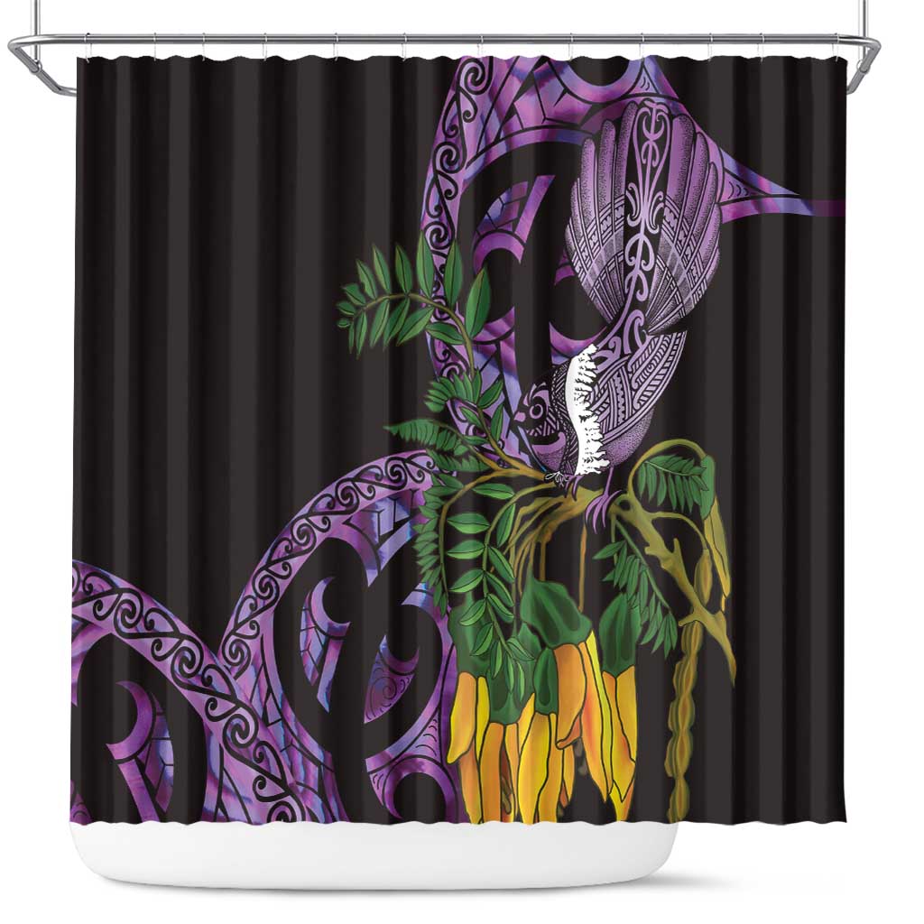 Purple New Zealand Kowhai And Piwakawaka Shower Curtain Maori Ngaru Paua Shell