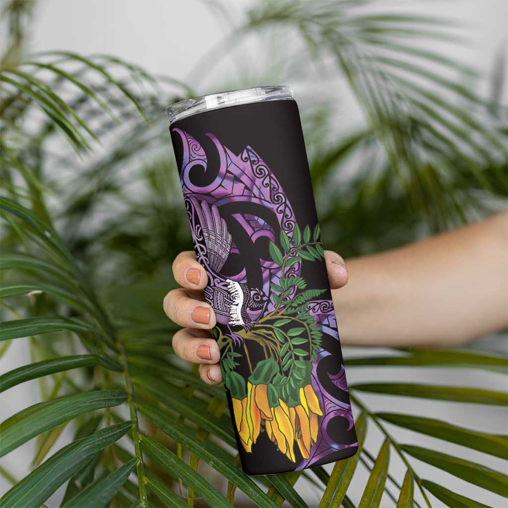 Purple New Zealand Kowhai And Piwakawaka Skinny Tumbler Maori Ngaru Paua Shell LT14 - Polynesian Pride