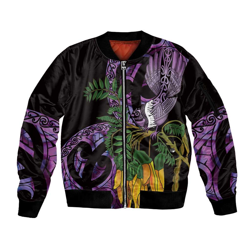 Purple New Zealand Kowhai And Piwakawaka Sleeve Zip Bomber Jacket Maori Ngaru Paua Shell