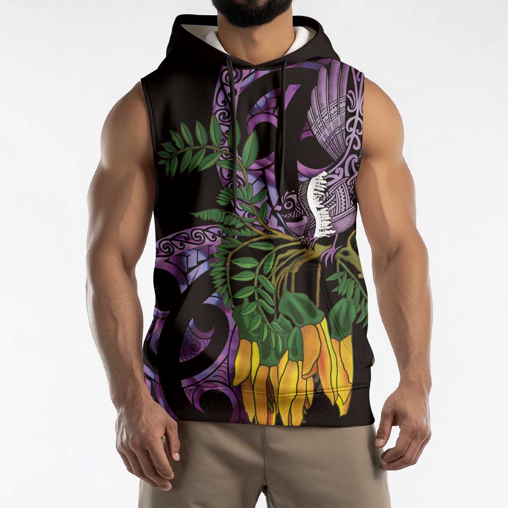 Purple New Zealand Kowhai And Piwakawaka Sleeveless Hoodie Maori Ngaru Paua Shell - Polynesian Pride