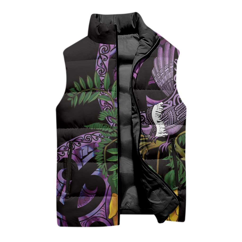 Purple New Zealand Kowhai And Piwakawaka Sleeveless Puffer Jacket Maori Ngaru Paua Shell - Polynesian Pride