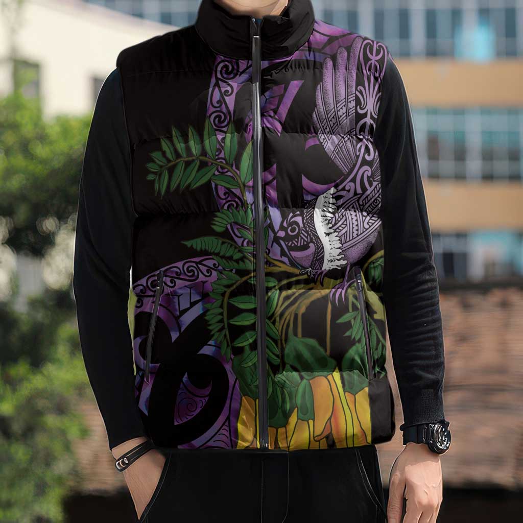Purple New Zealand Kowhai And Piwakawaka Sleeveless Puffer Jacket Maori Ngaru Paua Shell - Polynesian Pride
