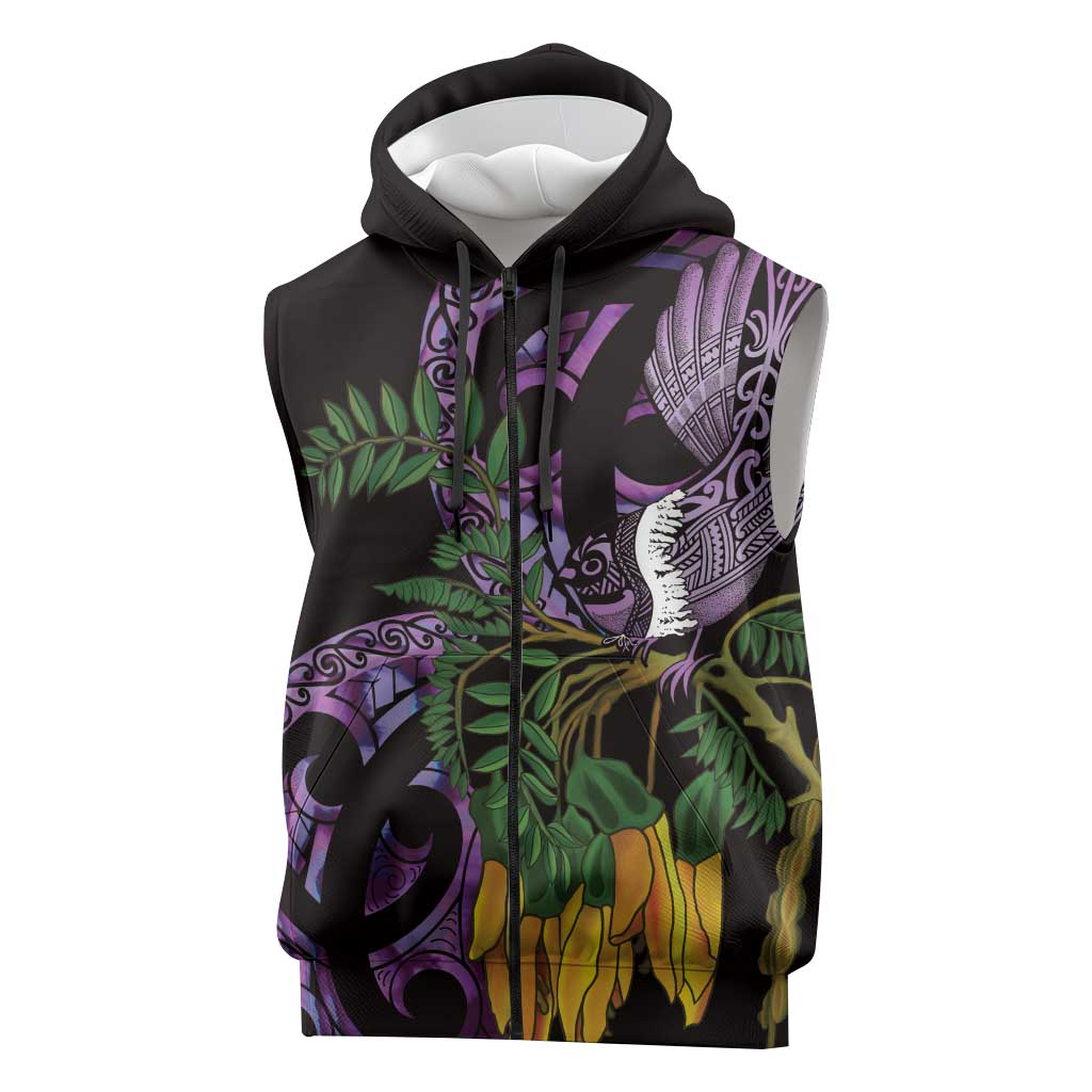 Purple New Zealand Kowhai And Piwakawaka Sleeveless Zip Hoodie Maori Ngaru Paua Shell LT14 Purple - Polynesian Pride