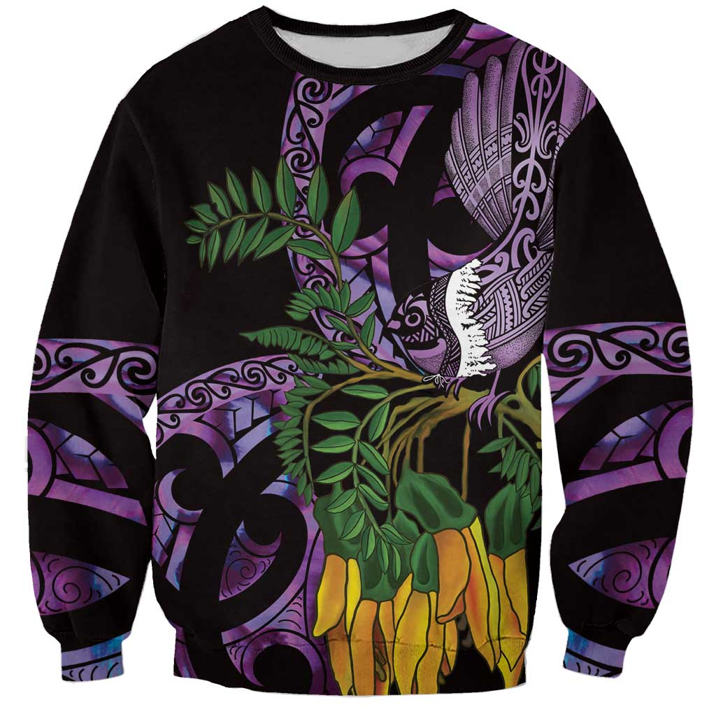 Purple New Zealand Kowhai And Piwakawaka Sweatshirt Maori Ngaru Paua Shell