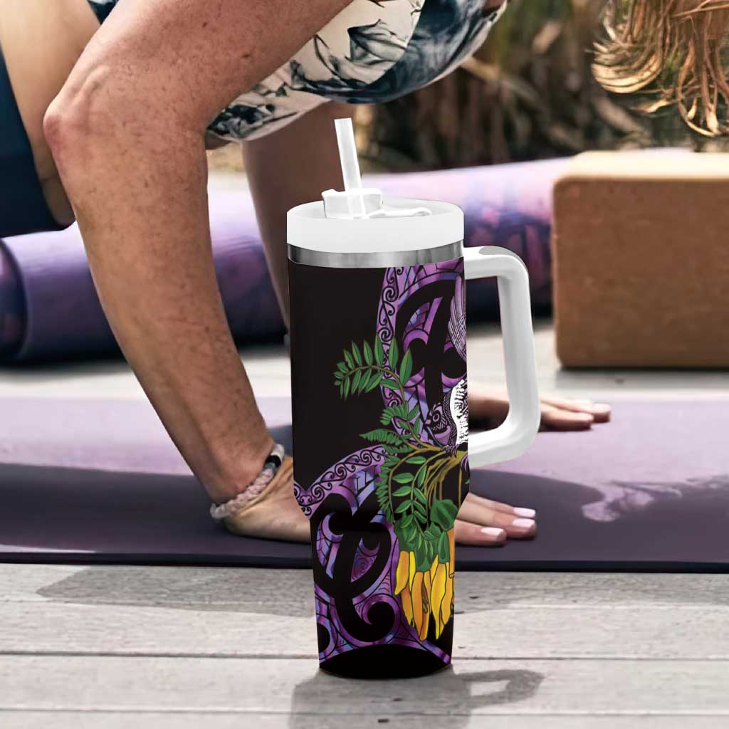 Purple New Zealand Kowhai And Piwakawaka Tumbler With Handle Maori Ngaru Paua Shell