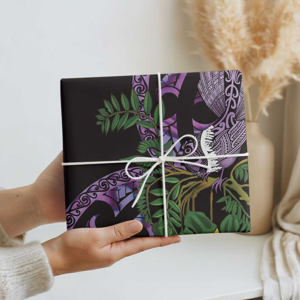 Purple New Zealand Kowhai And Piwakawaka Wrapping Paper Maori Ngaru Paua Shell - Polynesian Pride