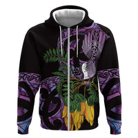 Purple New Zealand Kowhai And Piwakawaka Zip Hoodie Maori Ngaru Paua Shell
