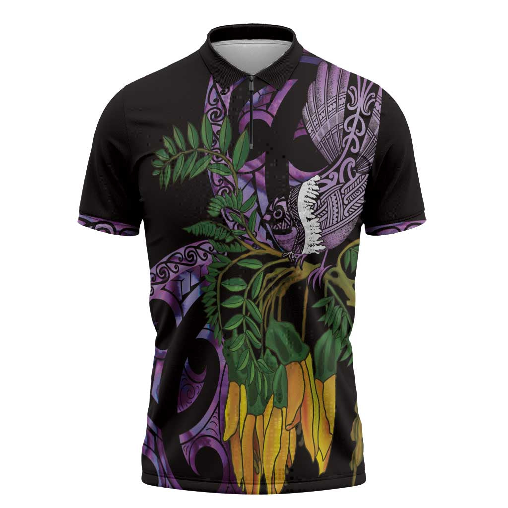 Purple New Zealand Kowhai And Piwakawaka Zipper Polo Shirt Maori Ngaru Paua Shell - Polynesian Pride