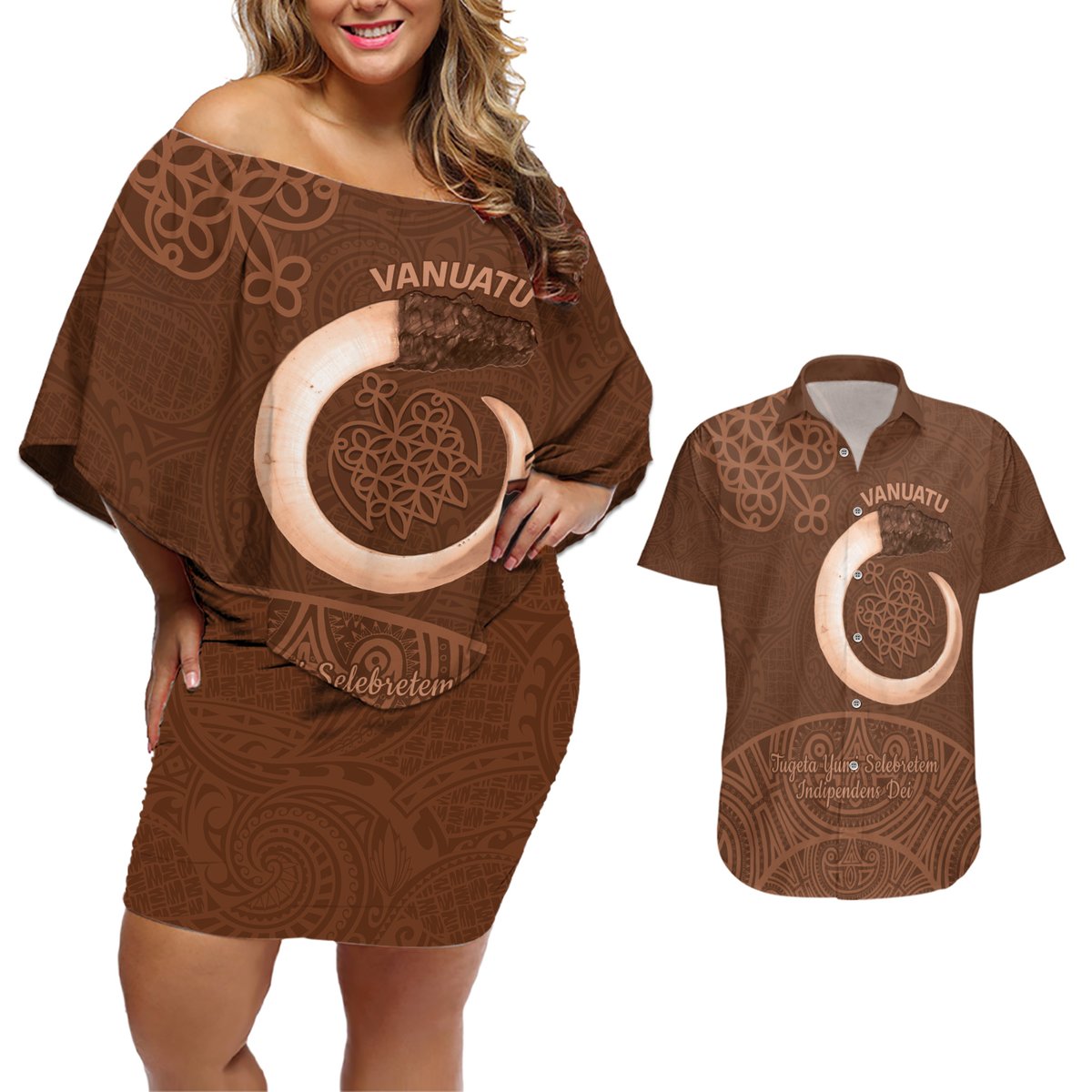Vanuatu Indipendens Dei Couples Matching Off Shoulder Short Dress and Hawaiian Shirt Yumi 44th Sand Drawing Turtle Mix Lapita