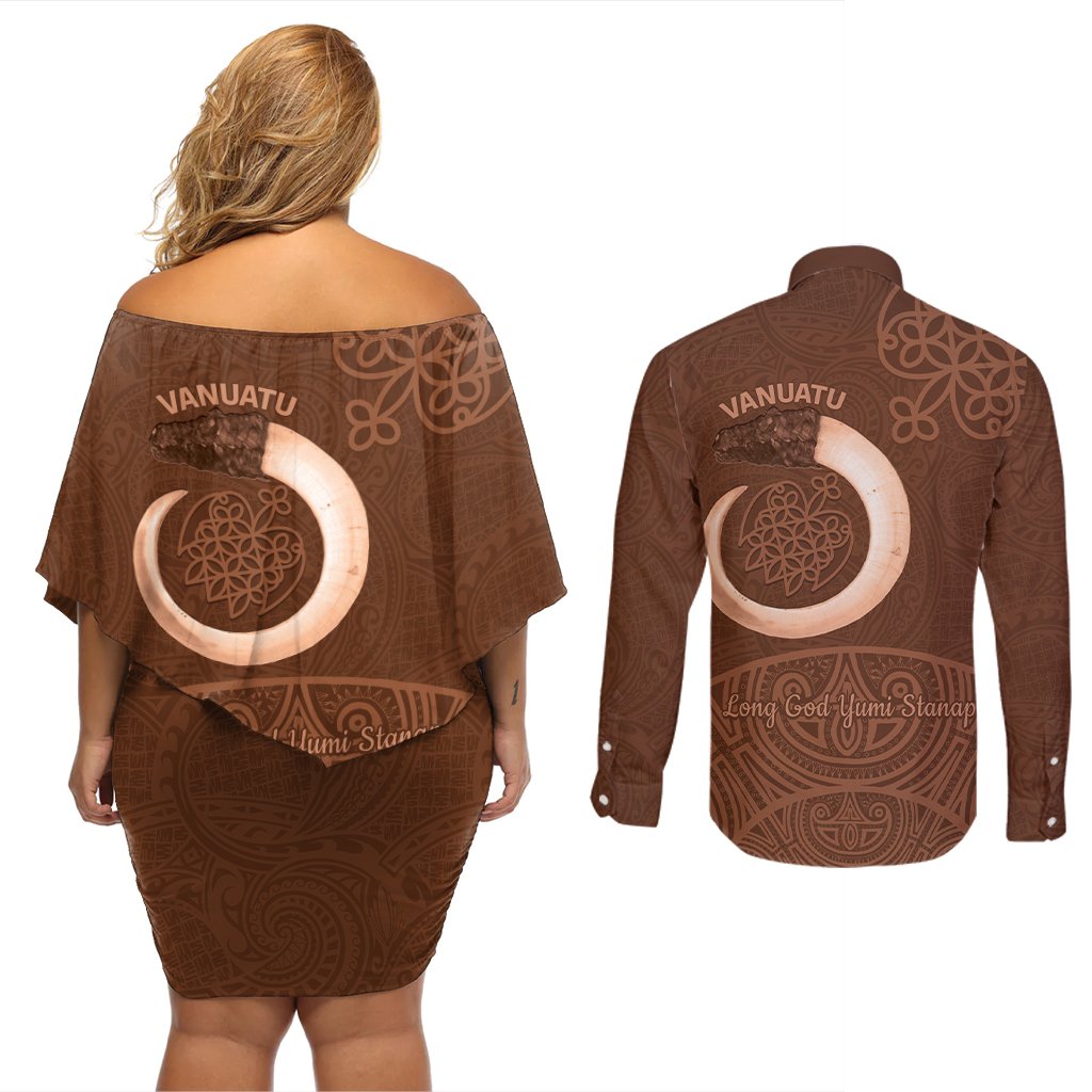 Vanuatu Indipendens Dei Couples Matching Off Shoulder Short Dress and Long Sleeve Button Shirt Yumi Sand Drawing Turtle Mix Lapita LT14 - Polynesian Pride
