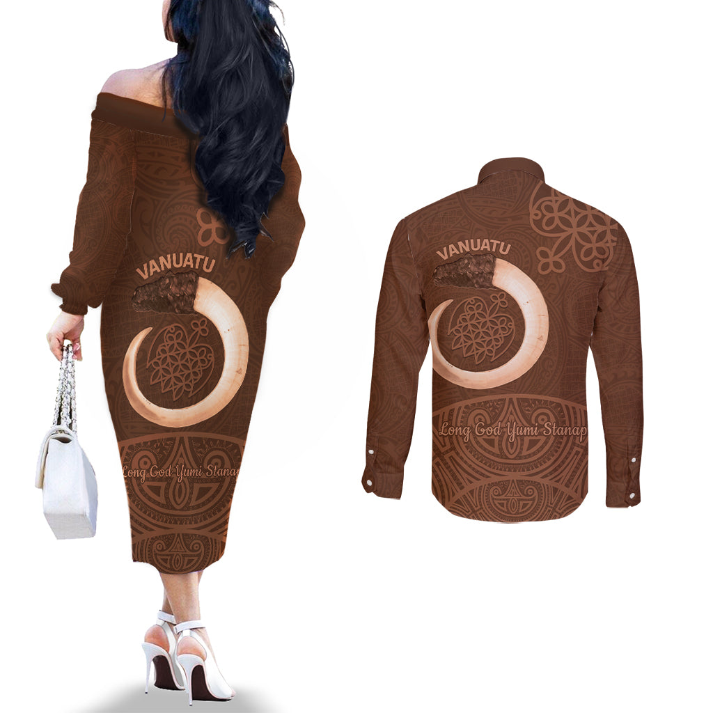 Vanuatu Indipendens Dei Couples Matching Off The Shoulder Long Sleeve Dress and Long Sleeve Button Shirt Yumi Sand Drawing Turtle Mix Lapita LT14 - Polynesian Pride